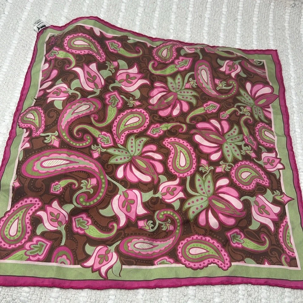 Vintage 100% Silk Mod Paisley Floral Scarf Pink Green Brown 18” Square